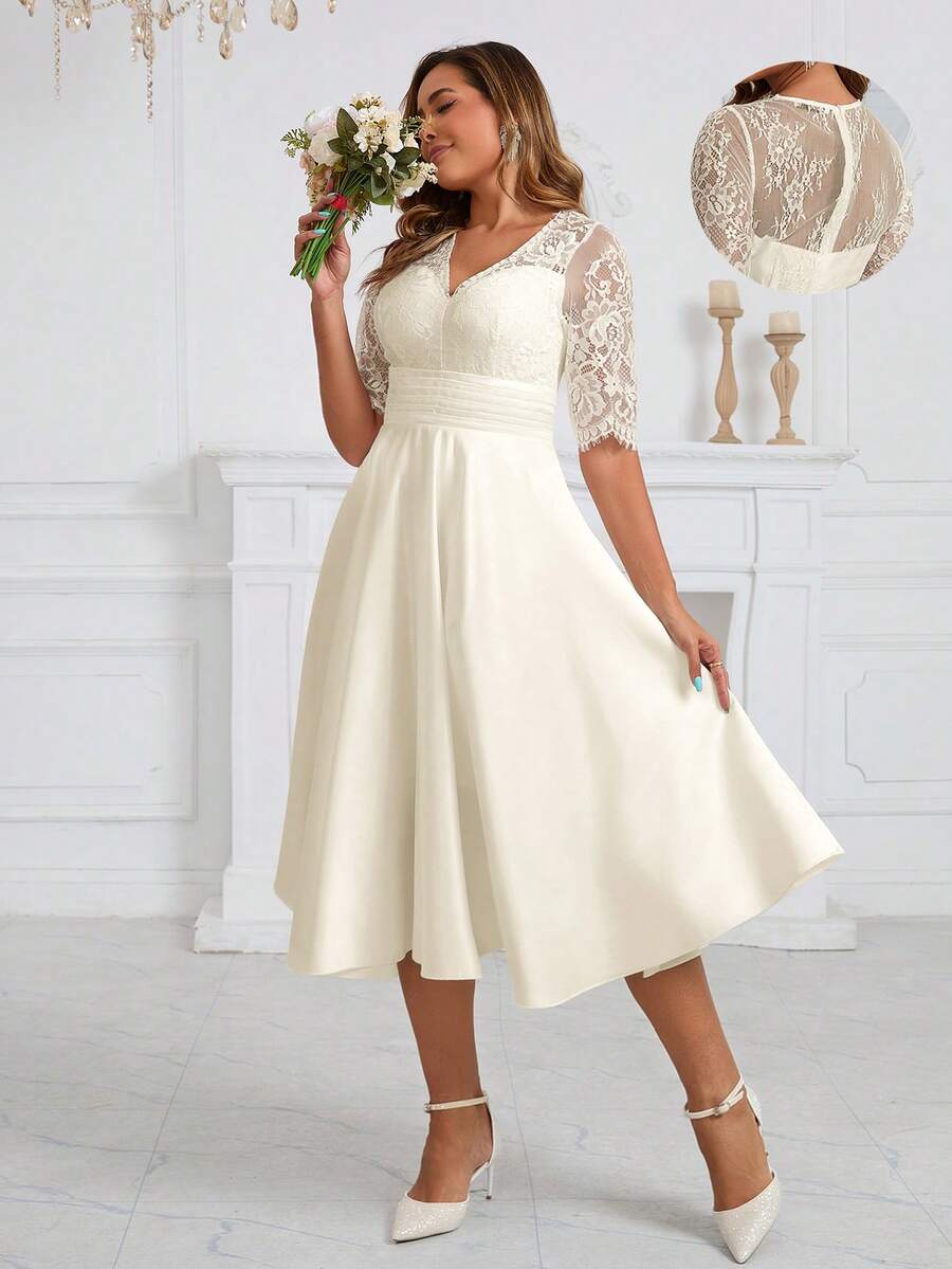 Plus Size Women Bridal Gift Party Dress, Elegant And Romantic Lace V-Neck Short Sleeved Satin Sexy Medium Length Evening Gown, Valentine's Day - Apricot - View 1
