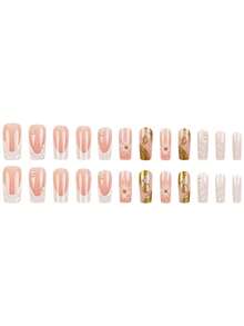 24 Peças Unhas Brancas Médias Quadradas Acrílicas Unhas Postiças Brancas com Pérola e Flores, Unhas Francesas com Design de Flores 3D em Gel Dourado Brilhante, Unhas Falsas Cobertura Completa para Uso Diário, Festa e Eventos para Mulheres e Meninas