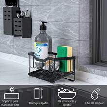 Soporte para Esponja de Fregadero de Cocina con Bandeja de Drenaje Automático, Porta Esponja para Fregadero, Organizador de Fregadero de Cocina, Organizador de Esponja de Jabón (Negro) - Plateado - Ver 11