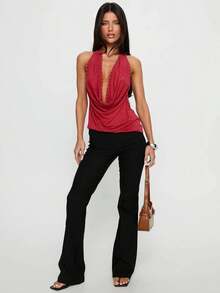 Women Rivet-Embellished Cowl Neck Halter Tops Draped Front Low Cut Backless Sleeveless Top Ruched Open Back Going Out Tank Top - 紅色 - 查看 7