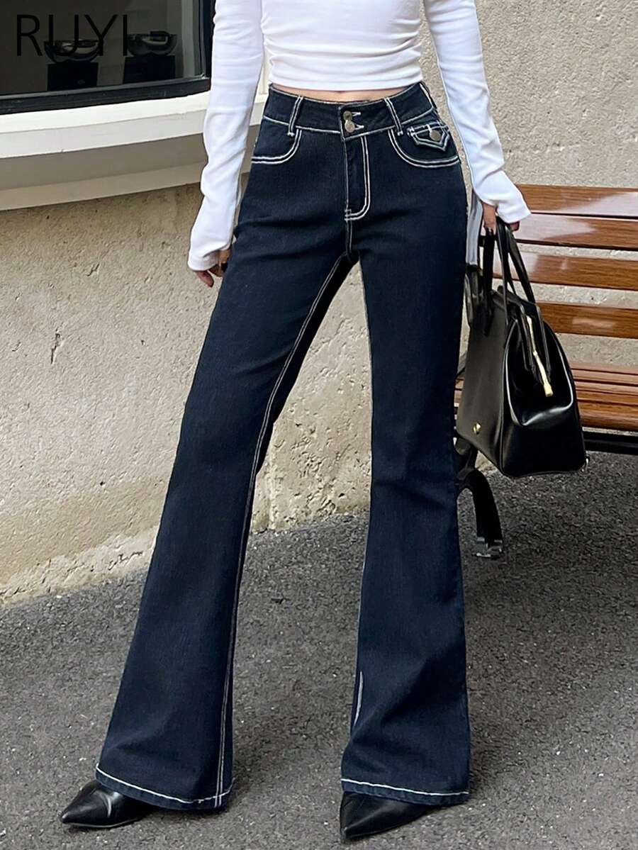新款女士 Y2K 街头时尚多口袋复古低腰修身弹力喇叭牛仔裤，返校季牛仔裤