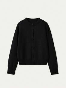Women's Black Round Neck Long Sleeve Knit Cardigan, New Casual Loose Soft Sweater, Fashion Elegant Minimalist Solid Color, New Year Top - Black - View 4