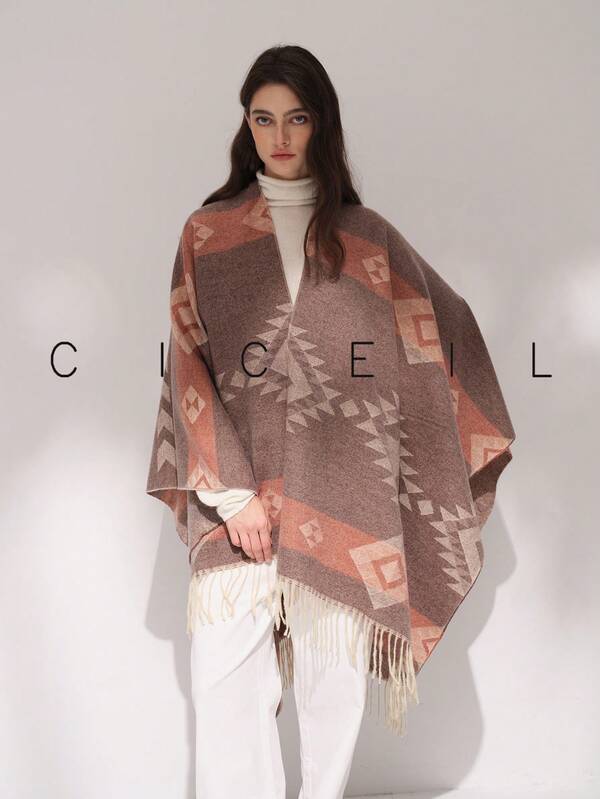 1pc Women's Rhombus Geometric Pattern Polyester Fashionable Minimalist Warm Shawl, For Everyday Use