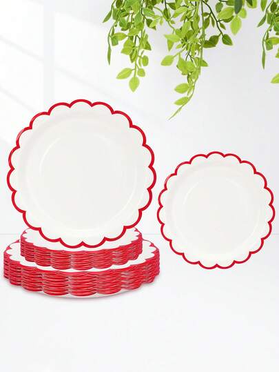 10pcs/20pcs/50pcs Christmas Paper Plates 7 Inch White Plates With Red Trim Cute White Scalloped Paper Plate Red Scalloped Dinner Plates Dessert Plates For Christmas Babe Shower Wedding Bridal Shower Wedding Party Supplies