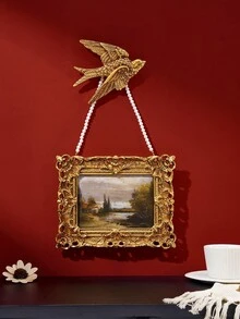 1/3pcs Vintage European Style Gold Floral Pattern Rectangular Decorative Photo Frame Set With Pearl Chain And Golden Swallow Decor, Gold Foil Covered Photo Display Frame, Freestanding Or Wall Mounted, Suitable For Photo Display, Home Decor And Photography Props