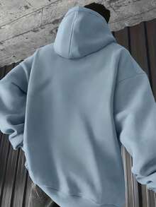 男士休闲时尚简约字母印花袋鼠口袋抽绳连帽衫，保暖内衬，秋冬款