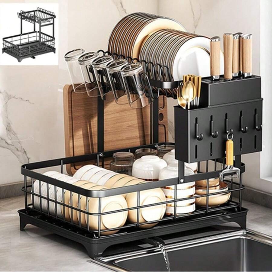 Rejilla para secar platos, escurridor de platos, 2 capas, almacenamiento de cocina, rejilla de limpieza, cocina, portacuchillos, estante para palillos, drenaje automático, cocina, secado de snacks, rejilla de secado, secado al aire, escurridor de platos, fácil de - Negro - Ver 1