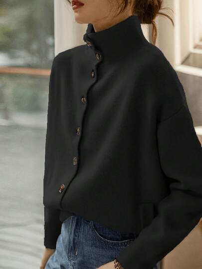 Cardigan de malha feminino casual, cor sólida, abotoamento simples, gola alta, manga comprida, suéter elegante e minimalista, estilo simples para deslocamento diário