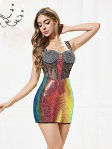 NIKBK Gorset z tęczowymi cekinami – mini sukienka w stylu – ramiączka spaghetti, prześwitujący gorset z siateczki z kryształkami, jaskrawa, wielokolorowa spódnica z cekinami, dopasowana sylwetka | Efektowna sukienka na imprezę do klubów nocnych, na parady równości, koktajle, uroczystości i na modę – Forward Social Gatherings