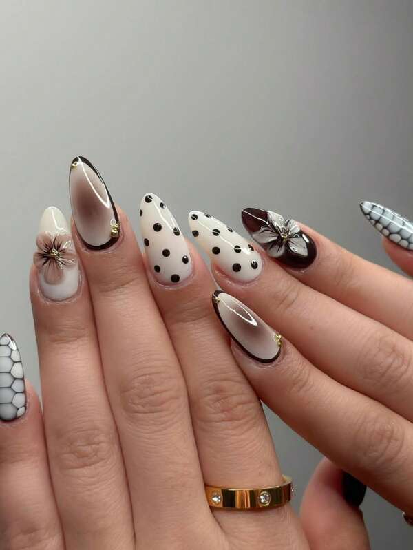 24 Pieces Of Autumn And Winter Almond Dot Press On Nails Almond White Brown Contrast Crocodile Pattern 3D Flower Print Polka Dot Nails Suitable For Women And Girls Daily Wear Fake Nails With Jelly Glue 1 Piece 1 Rub Strip