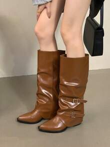 Brown Retro Western Cowgirl Pointed Toe Ankle Boots, Autumn/Winter Double Breasted High Shaft Riding Boots, Over-The-Knee Chunky Heel Tall Boots,Cowboy Boots