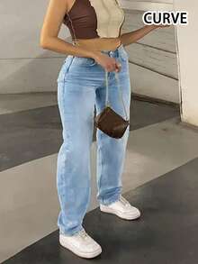 Plus Size Women's Casual Loose Fit Straight Leg Long Denim Jeans Spring - Light Wash - View 3