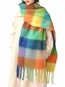 Street 1pc Women's Christmas Rainbow Plaid Scarves, Autumn And Winter College Style Warm Scarf, Suitable Valentine's Day For Daily Life, Work, Shopping, Cold Insulation And Warmth