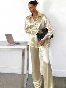 2025 年新款秋季时尚女装，优雅，街头风格，商务休闲，办公室穿着，Y2k 服装，日常穿着，别致的女士纽扣前衬衫领两件套丝滑长袖上衣和阔腿裤休闲优雅风格，黄色纽扣衬衫，长袖和阔腿裤两件套，奶油色缎面休闲西装 - 黃色 - 查看 4