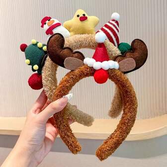 可爱圣诞糖果雪人毛绒发箍，圣诞卡通头饰发夹发卡，女士发饰，棕色毛绒底座，饰有雪人、星星、汽车、圣诞帽等卡通图案，可爱风格完美契合圣诞氛围，发箍发圈，女士发带