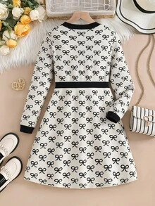 秋冬款英伦风蝴蝶结针织连衣裙 - 白色 - 查看 3