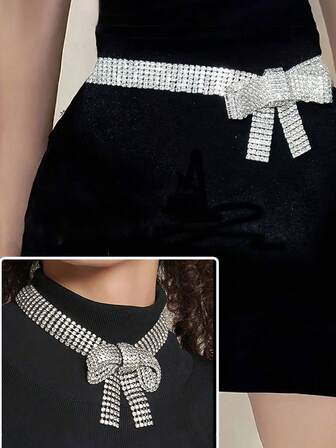 一套 - 奢华闪亮银色钻石蝴蝶结腰链项链套装，多功能女士首饰，适合节日、派对、度假、休闲场合，完美的 情人节礼物，镶钻宽腰带