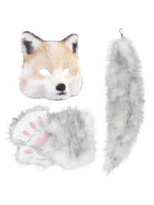 3件套可爱狐狸服装，包含毛绒狐狸尾巴钥匙扣、腰包，适合派对、舞台表演、角色扮演等场合。