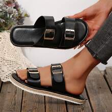 Women Shoes Flats Sandals Dressy Comfortable Flats Slides Buckle Summer Beach Sandals Outdoor Walking Travel - 黑色 - 查看 8