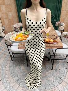 2026 Europe New Women's Vintage Polka Dot Sexy Knee-Length Midi Dress With Sleeveless Backless Camisole Top. Vintage Polka Dot Backless Dress - Must-Have For Summer Beach Vacation! - Beige - View 6