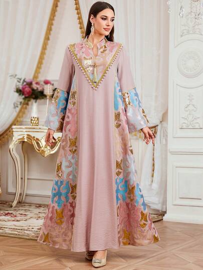Women's Festival New Embroidered Patchwork Gold Tassel Tie V-Neck Long Sleeve Robe With Pendant, Fashion Wedding Gown For And Pink Spring