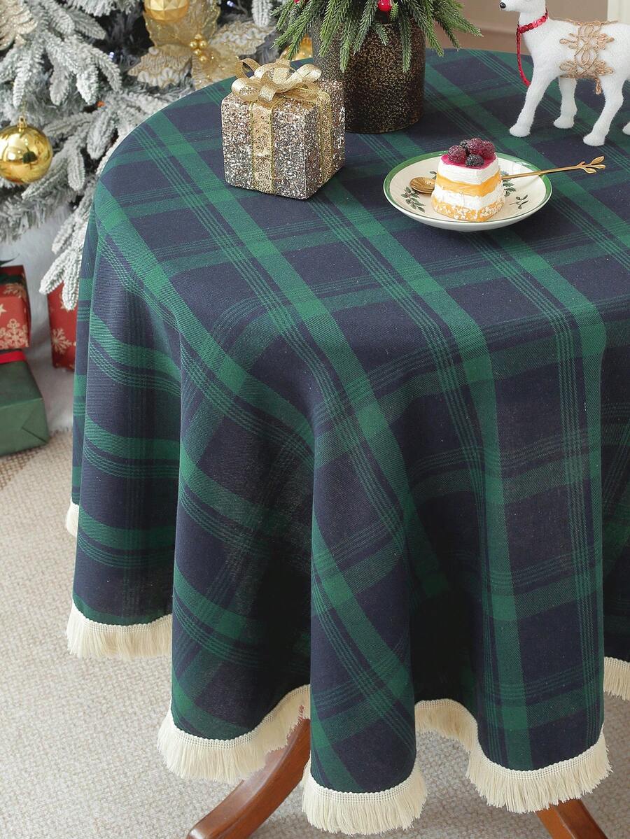 1pc Green Plaid Tablecloth With Lace Trim, Classic Nordic Style Dining Table Decor, Suitable For Christmas, New Year Party, Table, Coffee Table, Wedding Decoration