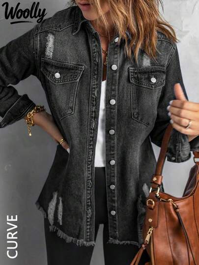 Plus Size Women Distressed Fashion Front Button Casual Denim Jacket