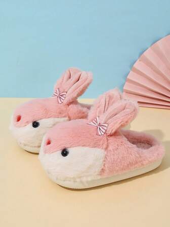 1双儿童保暖拖鞋，卡通可爱兔子图案，保暖防滑，适合女孩，室内家居毛绒拖鞋
