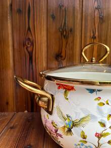 1pc/3pcs High-Temperature Resistant Enamel Coated Soup Pot With Dual Handles, Thick & Large Capacity For Boiling And Stewing, Suitable For Gas Or Electric Stove, Floral And Bird Design, Perfect For Home And Restaurant Kitchen, Holiday Party Gift