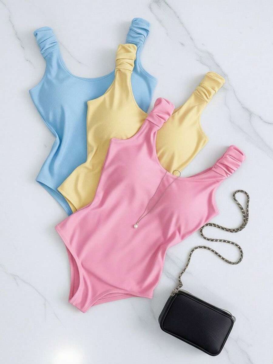 Kit 3 Basic Bodysuits With Thick Straps And Elastic With Discreet Neckline, Shapewear, Versatile Casual Fashion, Casual, Gringa Blogger - 黃色-藍色-粉紅色 - 查看 1