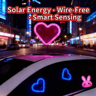 1pc Solar Powered Wireless LED Heart Shaped Neon Lamp, C-Pillar Atmosphere Decoration For Car Interior