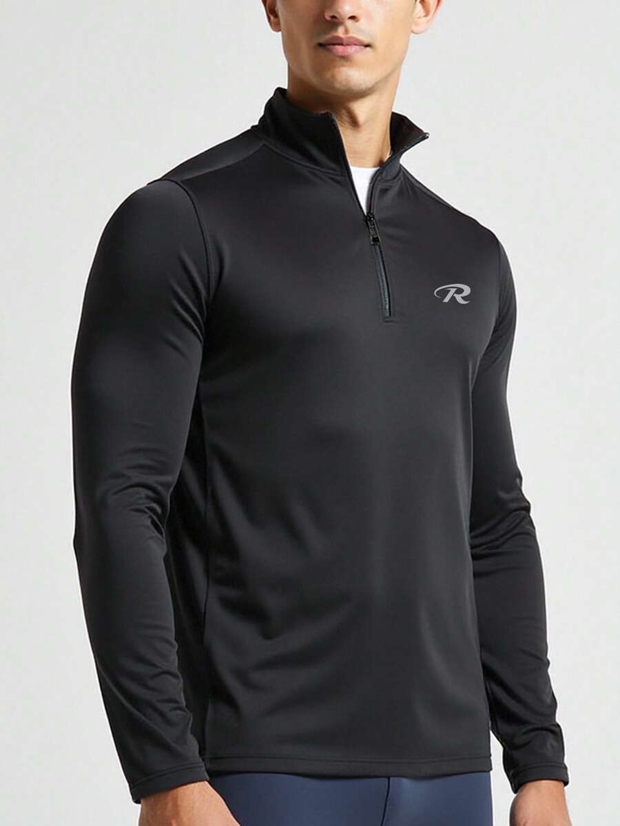 Men's Half Zip Fitness Pullover, Suitable For Workout, Gym, Sports, Long Sleeve Compression Muscle Fit T-Shirt - Black - View 1