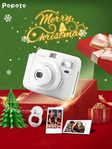 Popoto Mini Instant Camera Includes 10 Sheets Film With Auto Exposure Built-In Flash Center Viewfinder Perfect Christmas Gift(Not Include Battery) - 相機+底片+自拍鏡+聖誕節水桶包 - 查看 6