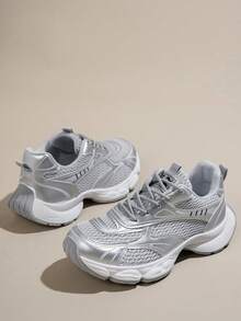 1 Pair Women's Round Toe Lace-Up Casual Sports Shoes, Silver Sequin PU Material, Standard Size, Outdoor/Casual Wear, Solid Color Fashion Chunky Sneakers