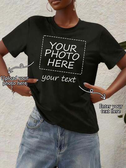 맞춤형 개인 선물, 여성용 블랙 티셔츠 맞춤 제작, 나만의 텍스트 및 사진 추가 (배지 디자인/회사 로고/가족 사진/셀카/반려동물/커플), 여자친구 선물, 커플 데이트 티셔츠 등으로 나만의 맞춤형 프린트 티셔츠 디자인. 여름