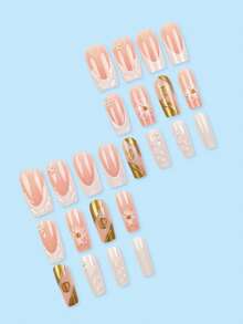 24 Peças Unhas Brancas Médias Quadradas Acrílicas Unhas Postiças Brancas com Pérola e Flores, Unhas Francesas com Design de Flores 3D em Gel Dourado Brilhante, Unhas Falsas Cobertura Completa para Uso Diário, Festa e Eventos para Mulheres e Meninas