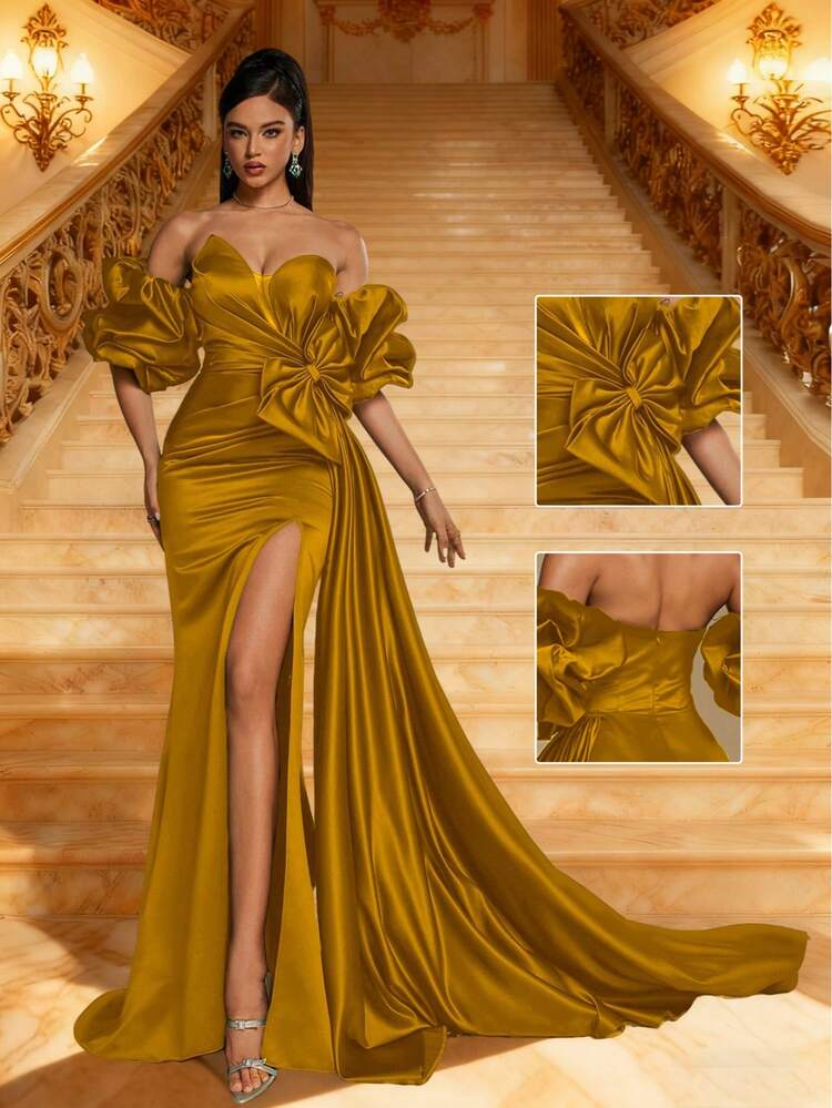 gold formal dress for wedding Smilprince Women's Elegant Off Shoulder Satin Ruffle Bow Slim Fit Evening Gown, Summer Fall Guest Prom Party Special Occasion Outfit elegant gold dress for party