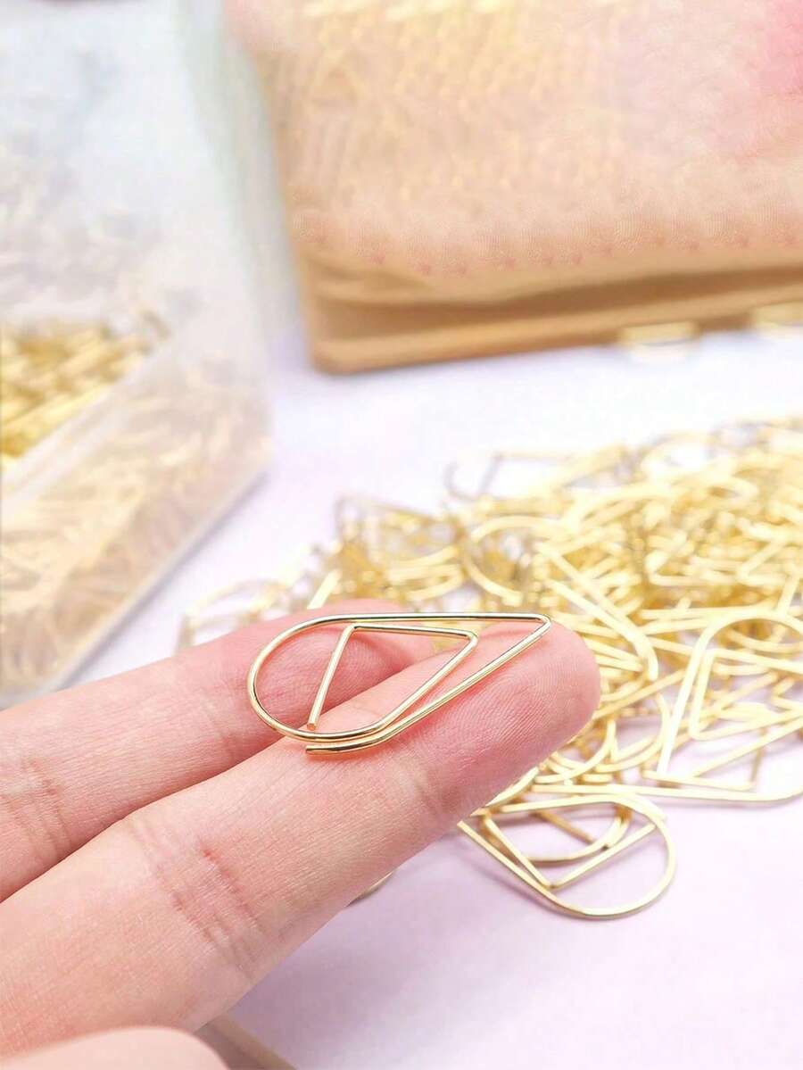 100pcs Mini Golden Water Drop Shaped Paper Clips, Multipurpose Metal Office Supplies, Suitable For Study, Office And Home, Back To School, Stationery - Teardrop Shape - View 1