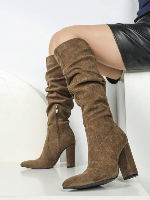 European & American Style Solid Color Pleated Tall Boots, New Autumn/Winter Pointed Toe Chunky Heel Khaki Shaft High Heel Boots, Western Style, Nightclub, Side Zipper, Metal Eyelets, Party & Holiday