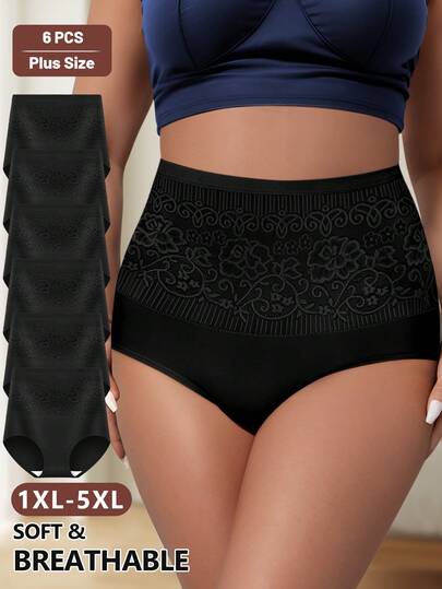6pcs Plus Size Women High Waist Lace Patchwork Soft Breathable Briefs