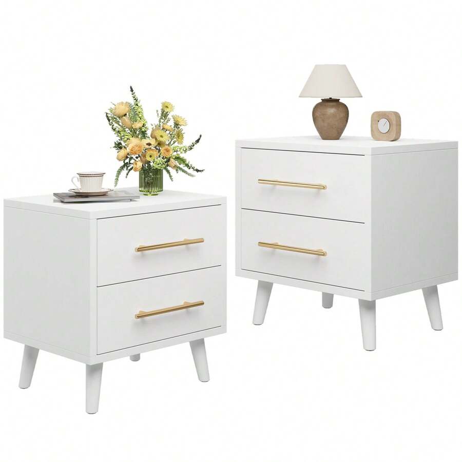 Lofka [2pc]Modern Nightstand With Drawers, 2 Drawer Dressers With Gold Handles, End Side Table For Bedroom, Living Room, White - 白色 - 查看 1