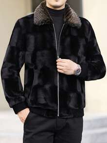 男士长袖时尚撞色仿皮草外套，奢华加厚保暖翻领皮草，适合冬季穿着。