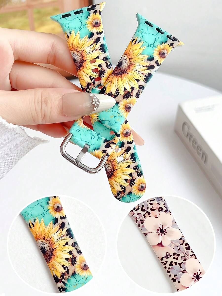 1 Set Elegante de Moda Correa de Reloj de Silicona Compatible con Apple Watch Band Strap 38/40/41/42/44/45/46/49mm, Compatible con Apple Watch Ultra2/S10/SE/9/8/7/6/5/4/3/2/1, Accesorios de Reloj de Moda Fina para Mujer, Correa/Banda Suave para Reloj Inteligente, Estilo y Personalizado Único - Regalo Perfecto para Cumpleaños, Aniversario, Navidad, Día de la Madre, San Valentín, Fiesta Temática con Diseños de Girasol, Flores de Cerezo y Estampado de Leopardo