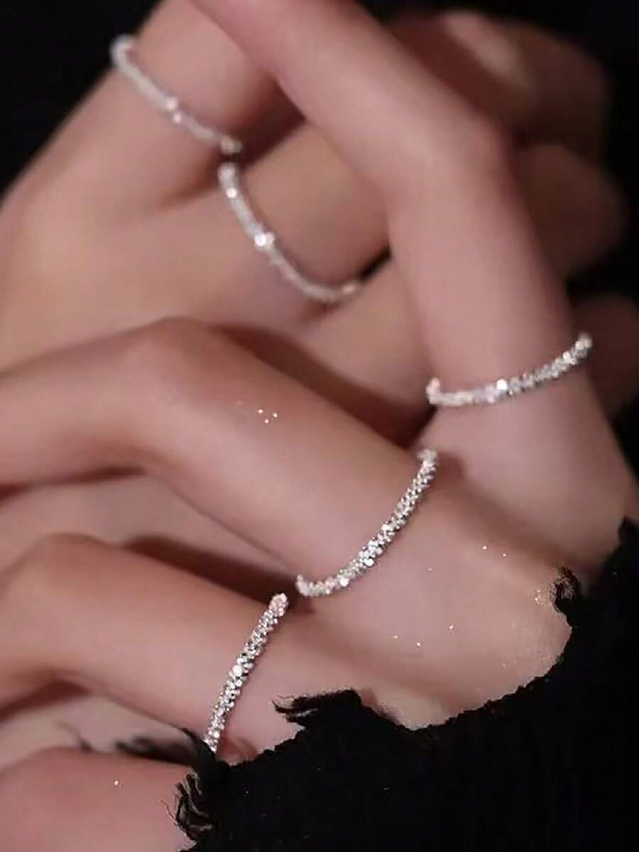 1-5pcs Shiny Gypsophila Ring Set, Women Shimmery Rings Closed Super Glitter Chain Rings