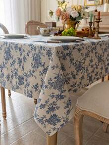 1 pieza Mantel con estampado floral de rosa azul vintage elegante, cubierta de mesa rectangular lavable para mesa de comedor, mesa de café, mesita de noche, mesa redonda, decoración del hogar, adecuado para comidas familiares, cocina, cena, fiesta, boda, camping, picnic, todas las estaciones, primavera/verano - azul y blanco - Ver 6
