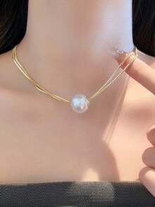 1pc Gold-Plated Fashionable Titanium Steel Double-Layer Faux Pearl Necklace For Women, Valentine's Day Valentines,Mom,Mother,Mother's Day,Gift - Gold - View 5