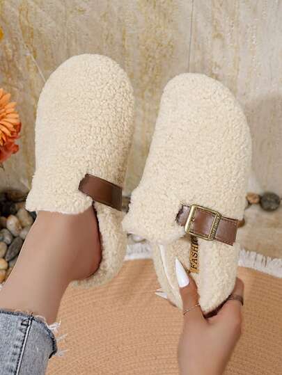 Plush Lined Warm Cotton Closed Toe Slippers, Fashionable Buckle Closure House Slip-On Shoes