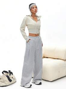 Women's Loose Pleated Solid Color Casual Sweatpants, Suitable For Spring And Autumn - Grey - View 6