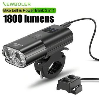 NEWBOLER Bicycle Light With Bike Bell 1800Lumens 4000mAh Bike Headlight Power Bank Flashlight Handlebar USB Charging MTB Road Cycling Highlight