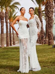 Faeriesty Women Elegant Haute Glamour Elegant Beaded Mermaid Evening Gown With Square Neckline – Intricate Floral Beadwork & Pearls Embellishment, Mermaid Silhouette With Flowing Train For Weddings, Formal Galas, Upscale Evening Parties & High-End Receptions,Summer Holiday Outfits - White - View 11